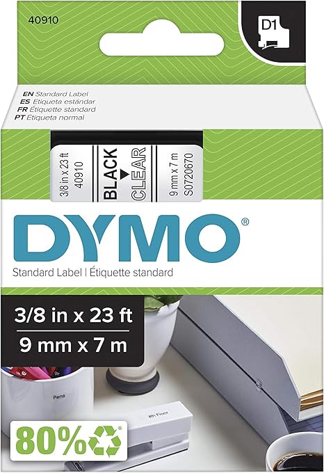 DYMO Standard D1 40910 Labeling Tape (Black Print on Clear Tape, 3/8'' W x 23' L, 1 Cartridge), DYMO Authentic