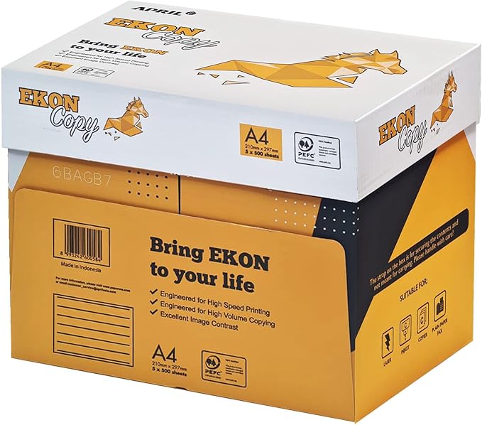 EKON Copy Paper A4, 80 GSM, 2500 Sheets, Box of 5 Reams
