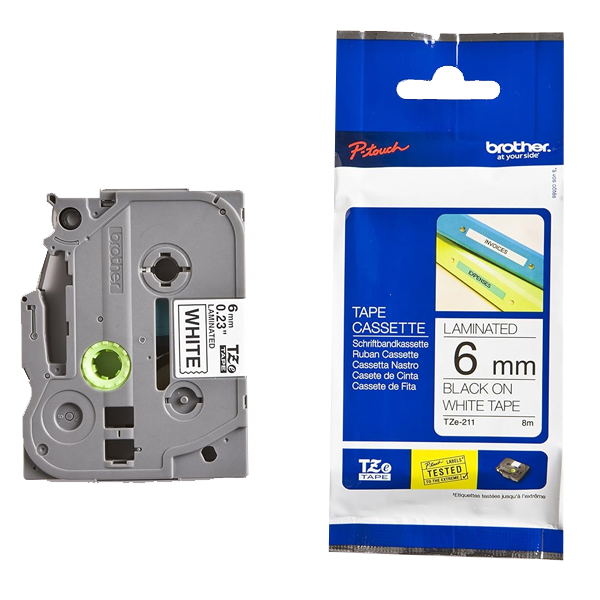 BROTHER P-TOUCH 6MM LAMINATED TAPE - BLACK ON WHITE, TZ-E211