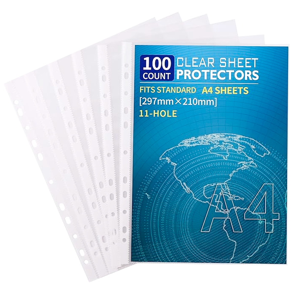 PUNCHED A4 POCKETS - CLEAR WITH 11 HOLES 100PCS 60MIC