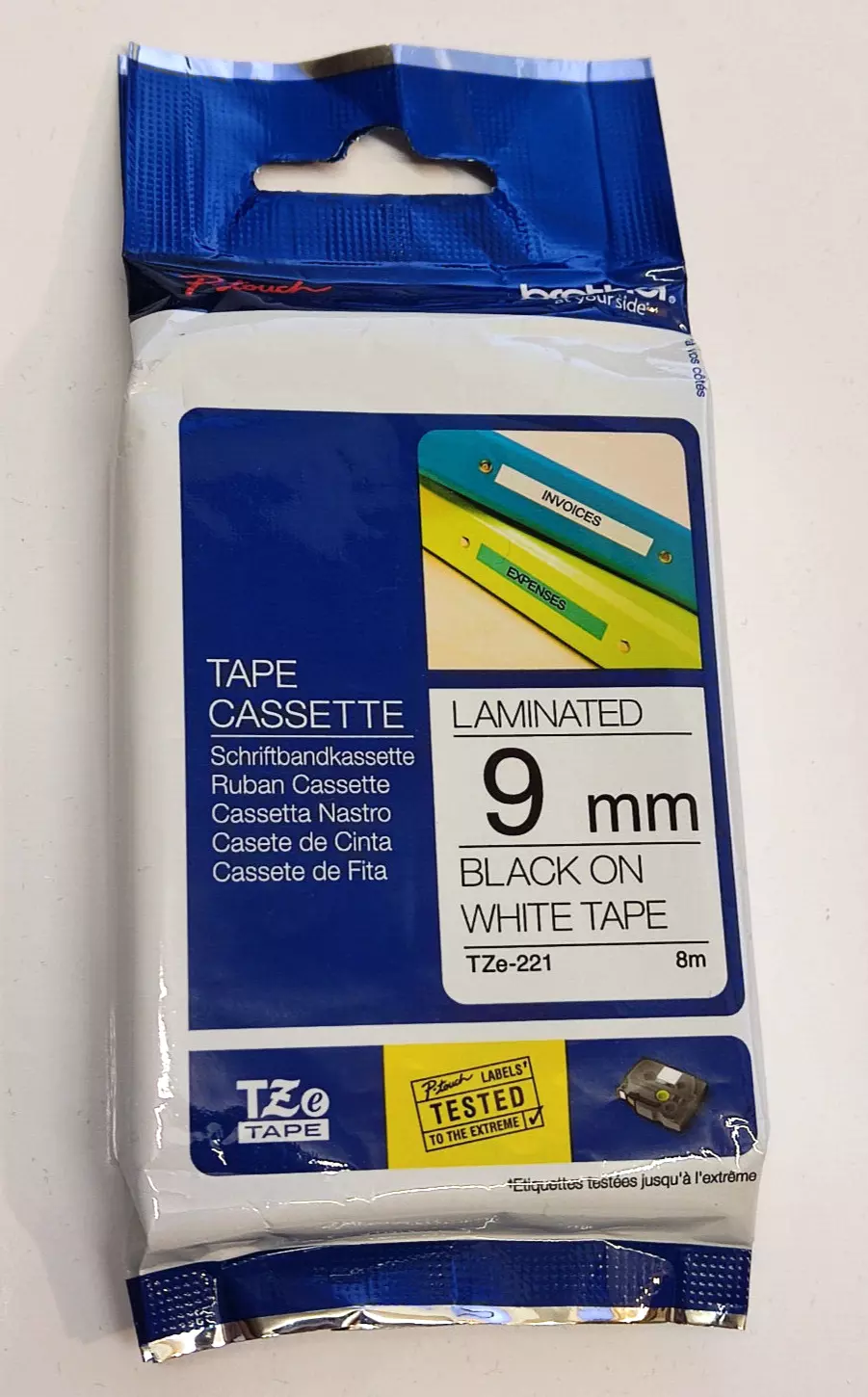 BROTHER TZe-221 P-touch 9mm 3/8" Ribbon BLACK / WHITE Label TAPE Cassette